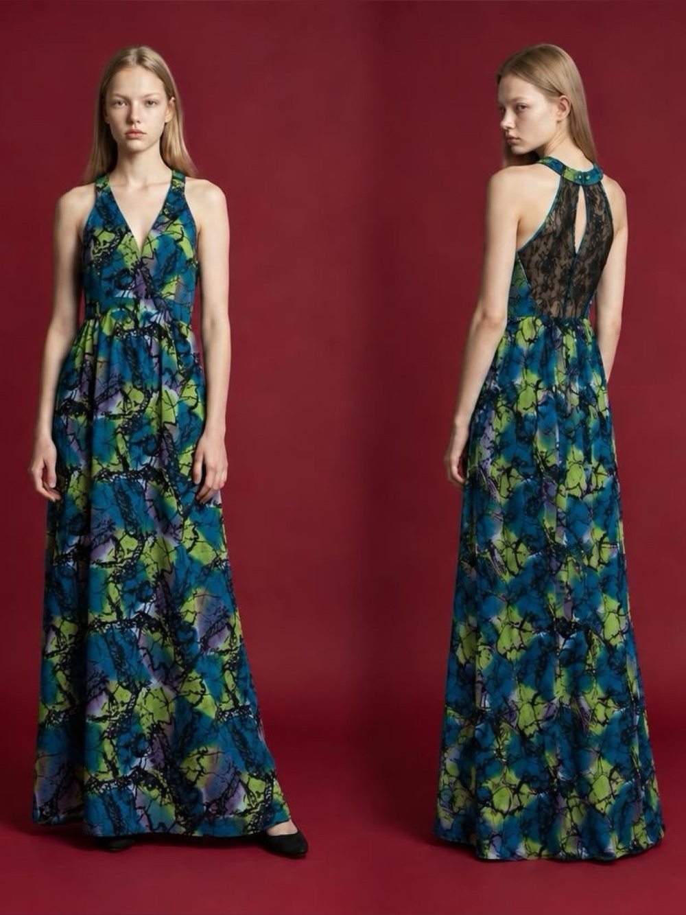 H&M Multicolor Abstract Maxi Dress 4 V-Neck Sleeveless Lace Bodice Lined